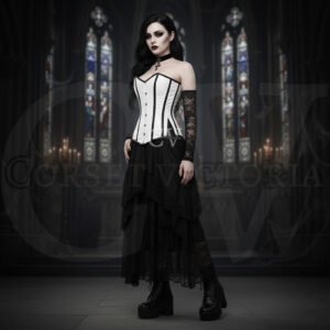Gothic woman in a white corset and standing in a dark cathedral with stained glass windows, styled for Halloween Costume vampire gothic fashion.