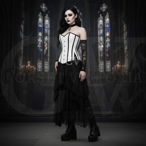 Gothic woman in a white corset and standing in a dark cathedral with stained glass windows, styled for Halloween Costume vampire gothic fashion.
