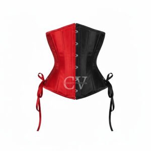 Two-tone red and black satin underbust corset with steel busk front and ribbon ties – Gothic Halloween corset