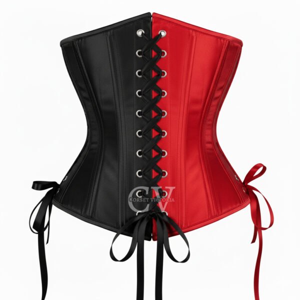 Two-tone red and black satin underbust corset with steel busk front and ribbon ties – Gothic Halloween corset