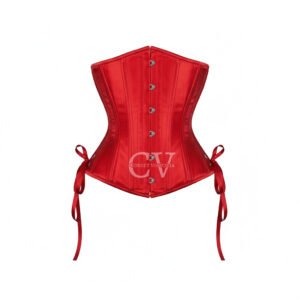 Red satin underbust corset with steel busk front and ribbon ties – Gothic Halloween costume corset