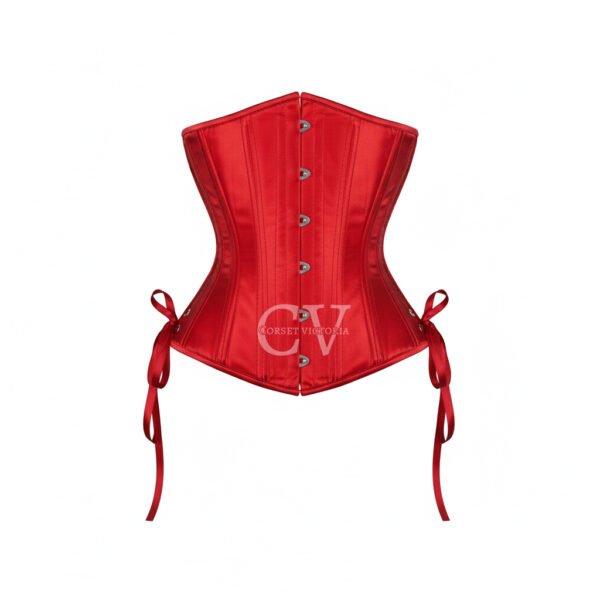 Red satin underbust corset with steel busk front and ribbon ties – Gothic Halloween costume corset