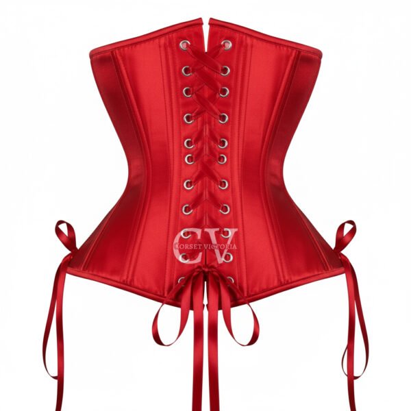Red satin underbust corset with steel busk front and ribbon ties – Gothic Halloween costume corset