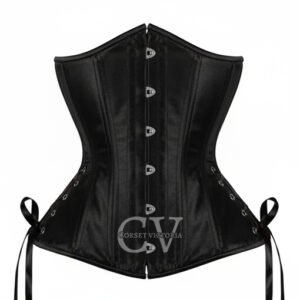 Black satin underbust corset with steel busk front and ribbon ties – Gothic Halloween costume corset