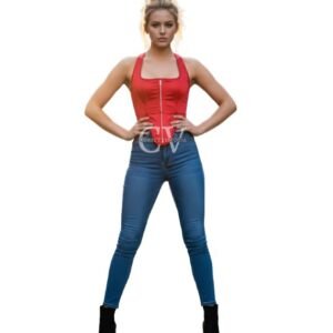 Red zipper corset top for women with a modern, fitted design.