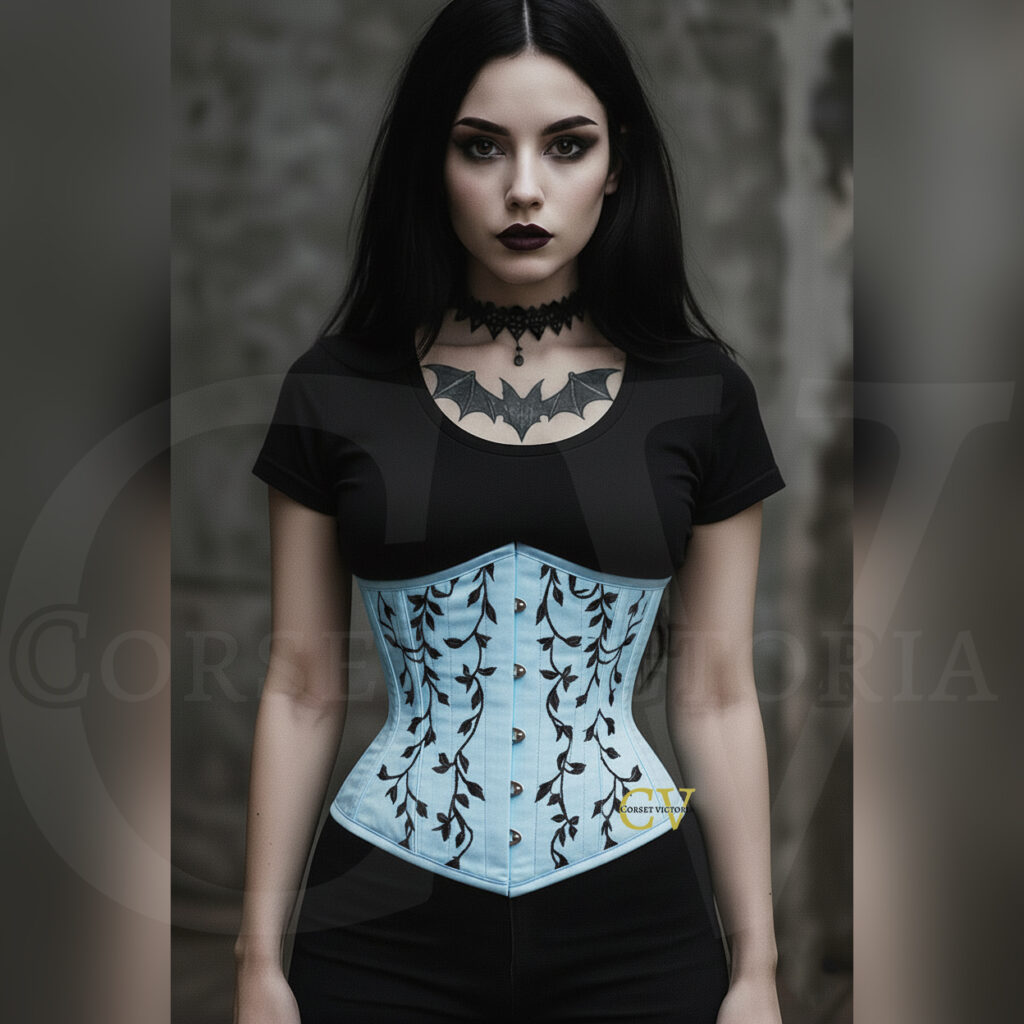 Woman in gothic style wearing a light blue corset with black vine embroidery, paired with dark makeup and bat tattoo, Halloween fashion.