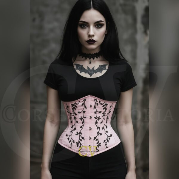 Woman in gothic style wearing a light Pink Underbust corset with black vine embroidery, paired with dark makeup and bat tattoo, Halloween fashion.