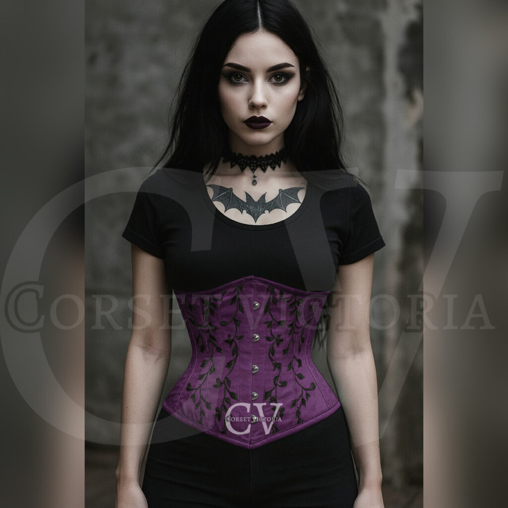 Woman in gothic style wearing a purple corset with black vine embroidery, paired with dark makeup and bat tattoo, Halloween fashion.