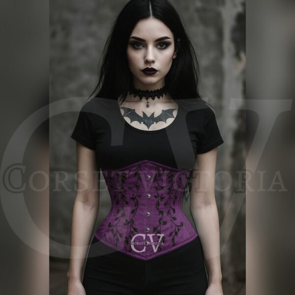 Woman in gothic style wearing a purple corset with black vine embroidery, paired with dark makeup and bat tattoo, Halloween fashion.