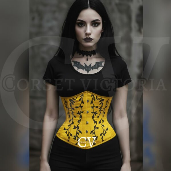 Woman in gothic style wearing a yellow Underbust corset with black vine embroidery, paired with dark makeup and bat tattoo, Halloween Costume fashion.