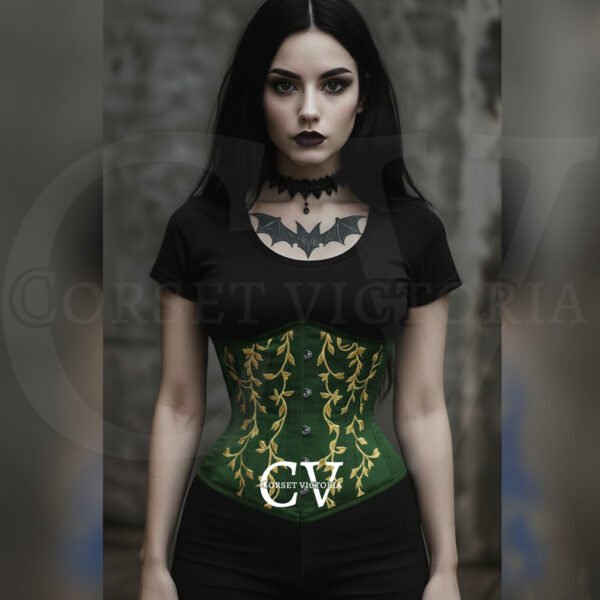 Woman in gothic style wearing a Green corset with Golden embroidery, paired with dark makeup and bat tattoo, Halloween fashion.