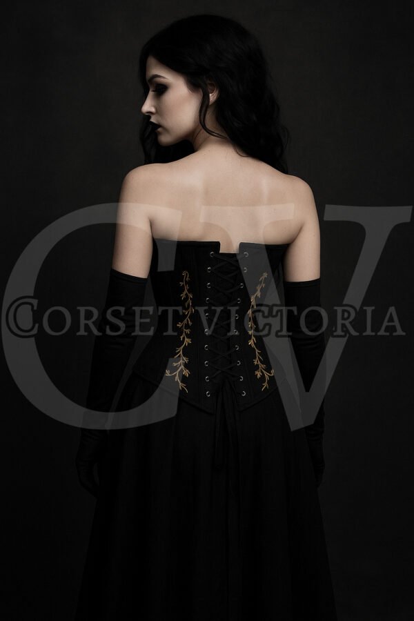 Black gothic corset with black embroidery and lace-up back design Halloween costume