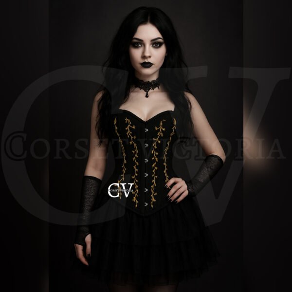 Black gothic corset with black embroidery and lace-up back design Halloween costume
