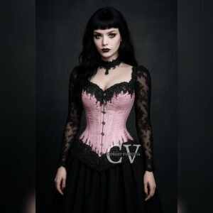 Pink gothic corset with lace-up back and lace embroidery Halloween Costume