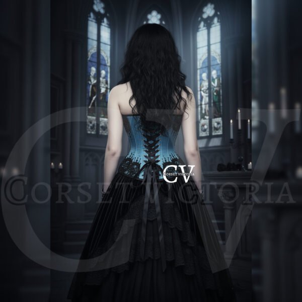 Teal Blue Black Sequins Overbust Halloween Corset Costume - Image 2