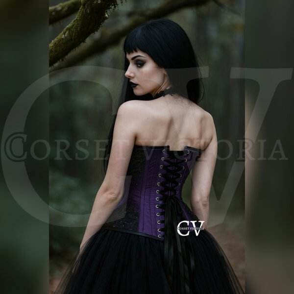 Purple Satin With Black Sequins Goth Overbust Women's Corset - Image 3