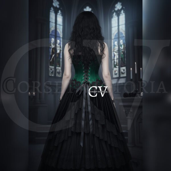 Green Satin With Black Sequins Halloween Women's Corset - Image 2