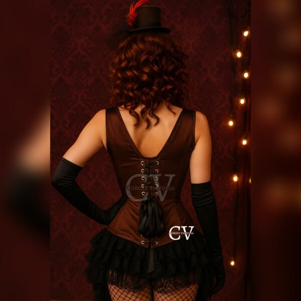 Brown Satin Overbust Burlesque Corset with Shoulder Straps Gothic Halloween Costume