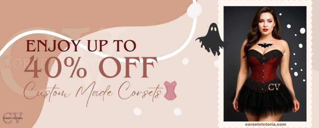 Corsetvictoria Sale banner Gothic Red Overbust Halloween Corset Costume with Black Sequins Work