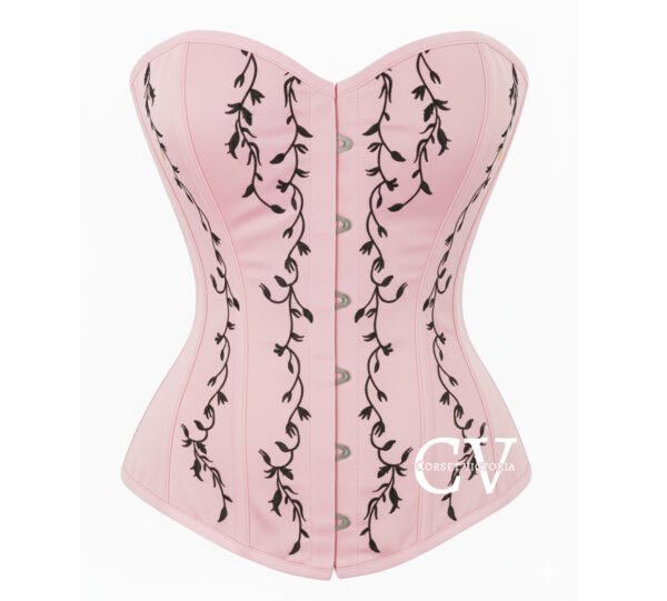 Gothic woman wearing a pink corset with black embroidery, lace gloves, and black choker necklace