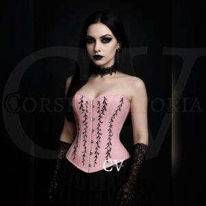 Gothic woman wearing a pink corset with black embroidery, lace gloves, and black choker necklace