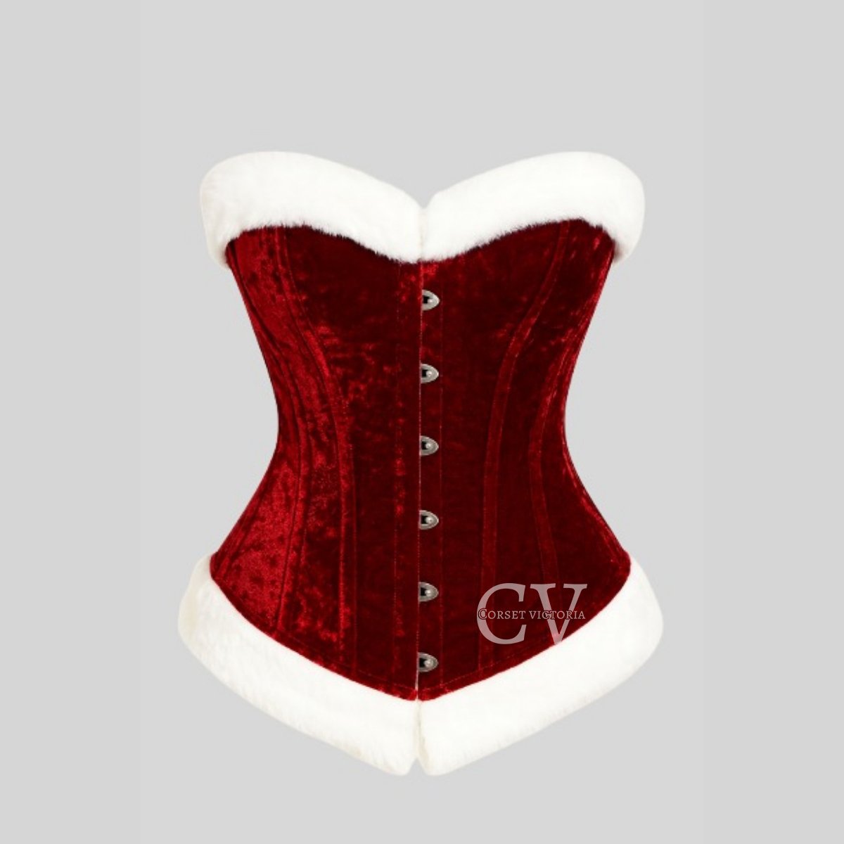 Red Velvet Christmas Overbust Corset with Fur Santa Costume - Image 2
