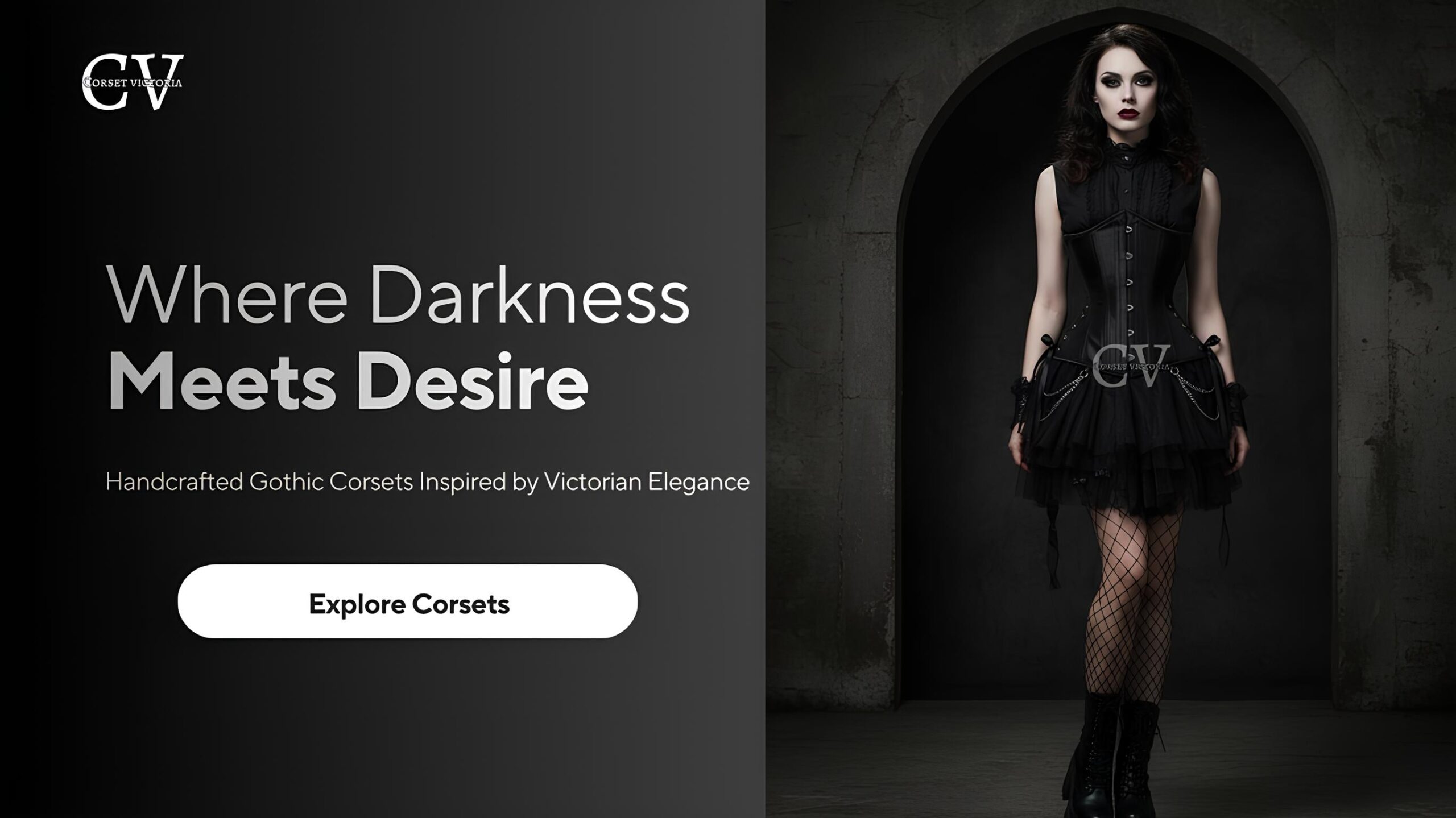 Woman wearing a black gothic corset dress with the tagline "Where Darkness Meets Desire" by Corset Victoria.