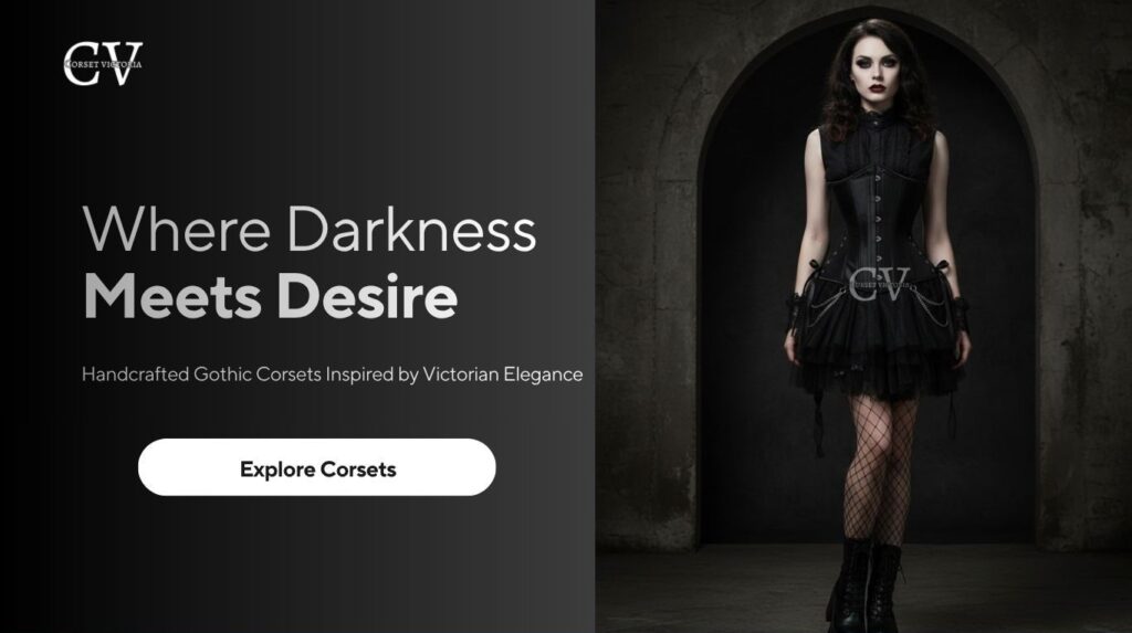 A woman wearing a black gothic Victorian corset dress stands beneath a dark stone archway beside the tagline "Where Darkness Meets Desire" and a button to explore handcrafted corsets by Corset Victoria.