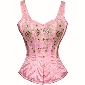 Pink satin overbust corset with gold floral embroidery and sparkling embellishments